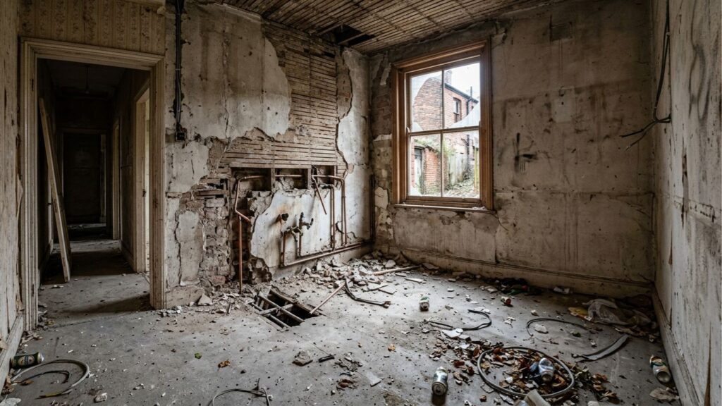 Interior of a vacant commercial building showing stripped copper pipework from metal theft
