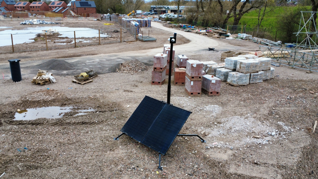 Mobile CCTV tower on secured site. SkyGuard mobile CCTV rehire partner
