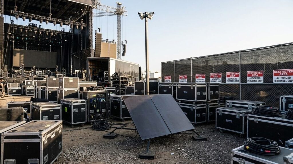 CCTV tower monitoring a backstage restricted area at a UK outdoor event