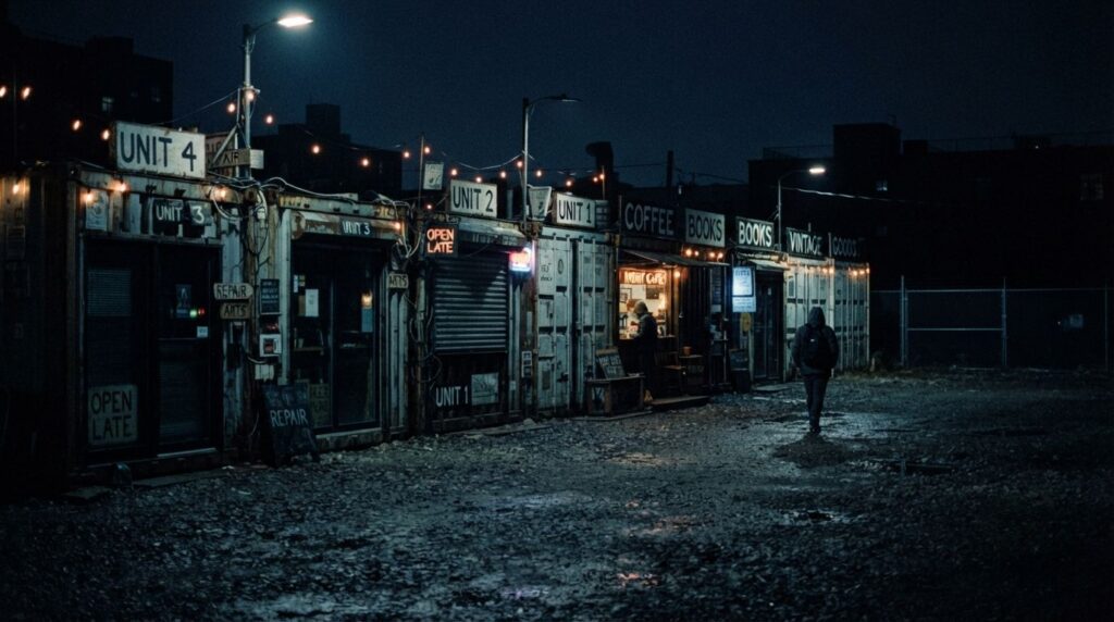 Temporary retail units and container shops at night with limited security lighting on a UK pop-up retail site