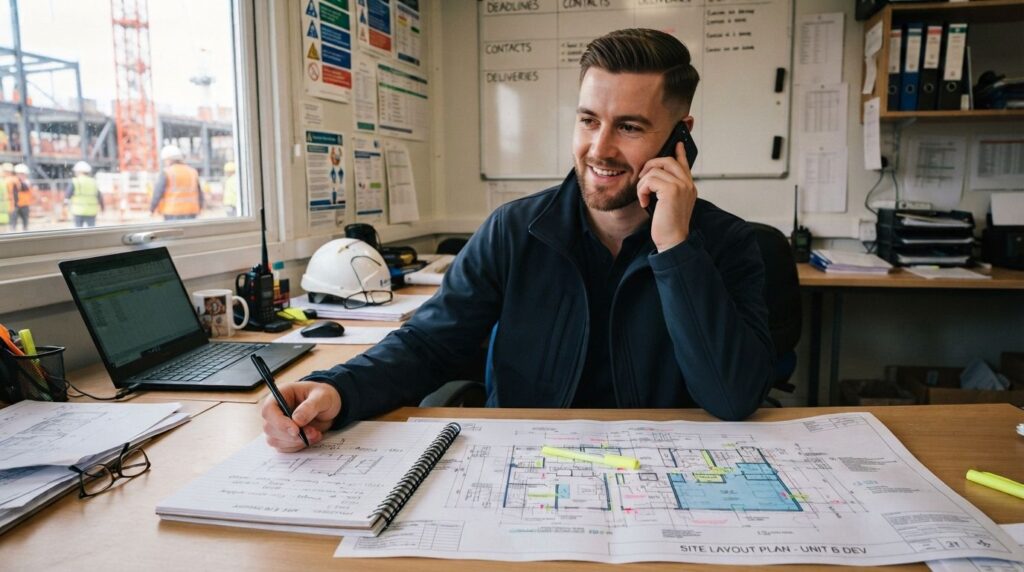 A person on the phone making an enquiry, notepad in hand, site plans on the desk in front of them, professional setting