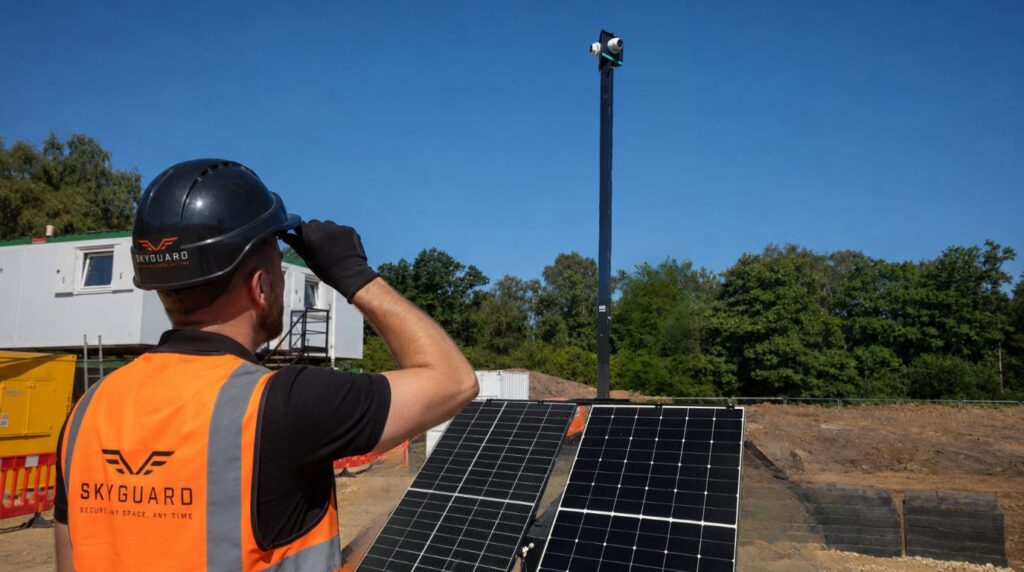SkyGuard engineer completing CCTV tower installation and camera commissioning on a UK site