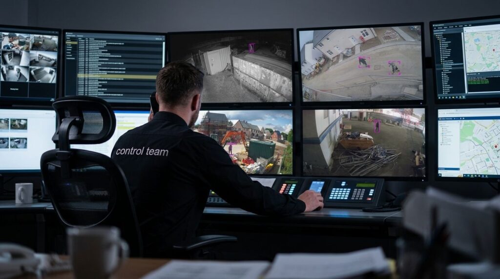 A control officer checking images from cameras, preparing a report for a client to use.