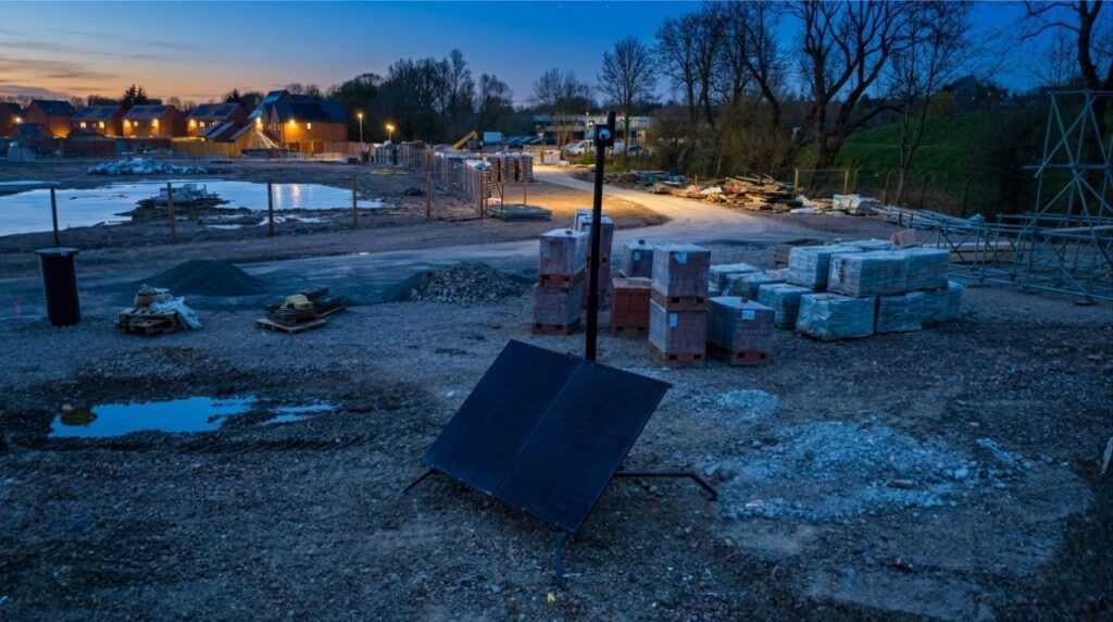 A SKYGUARD Solar Tower set up at night time watching over a site.