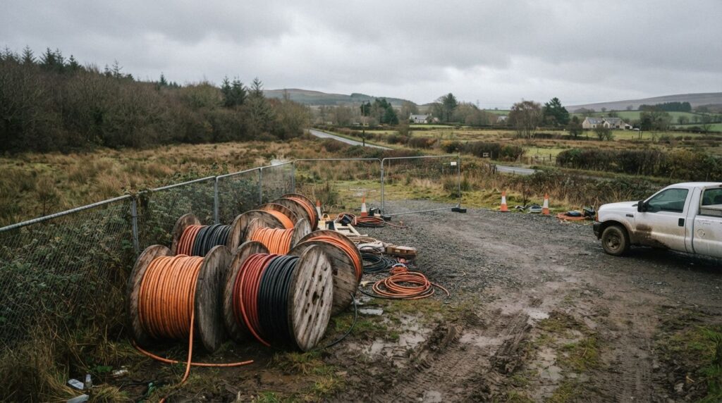 Copper cable drums on a remote UK utilities work site vulnerable to theft