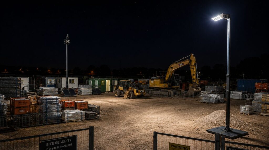 Well-lit construction site plant compound at night with both lighting towers and CCTV tower providing comprehensive security